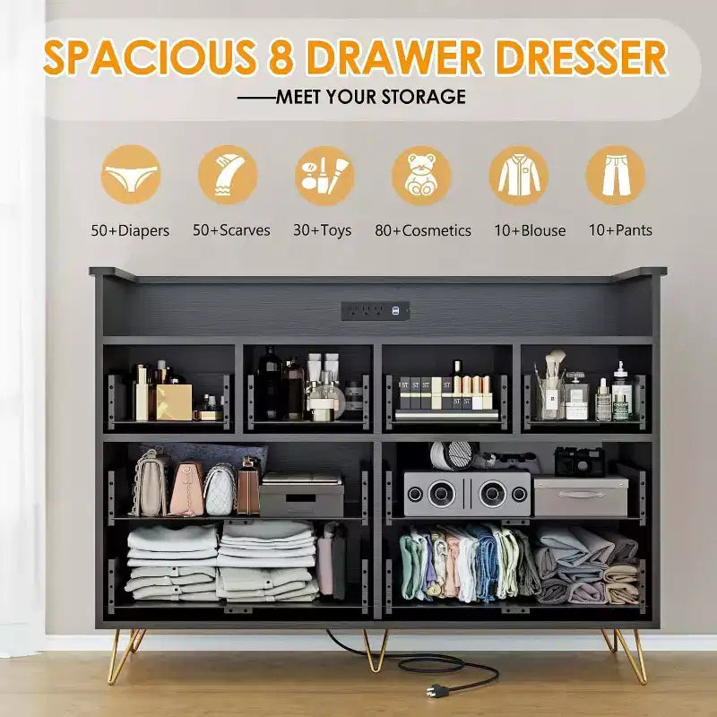 Dresser TV Stand, Dresser for Bedroom w/LED Light & Charging Station Entertainment Center with Storage 8 Drawers Wooden Dressers w/Open Space