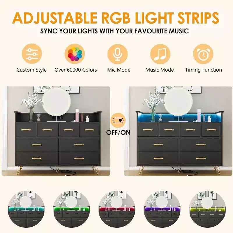 Dresser TV Stand, Dresser for Bedroom w/LED Light & Charging Station Entertainment Center with Storage 8 Drawers Wooden Dressers w/Open Space