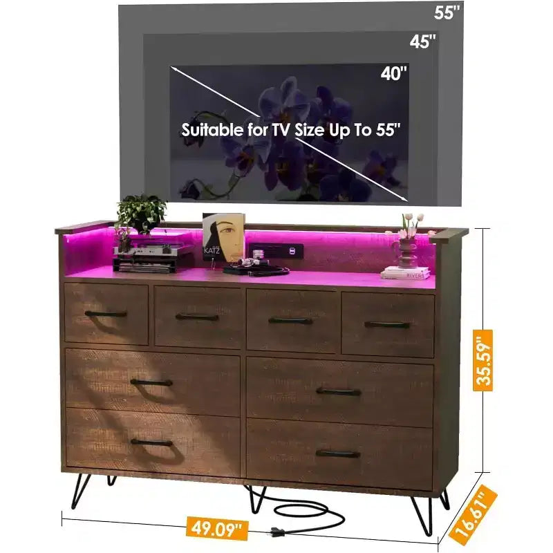 Dresser TV Stand, Dresser for Bedroom w/LED Light & Charging Station Entertainment Center with Storage 8 Drawers Wooden Dressers w/Open Space