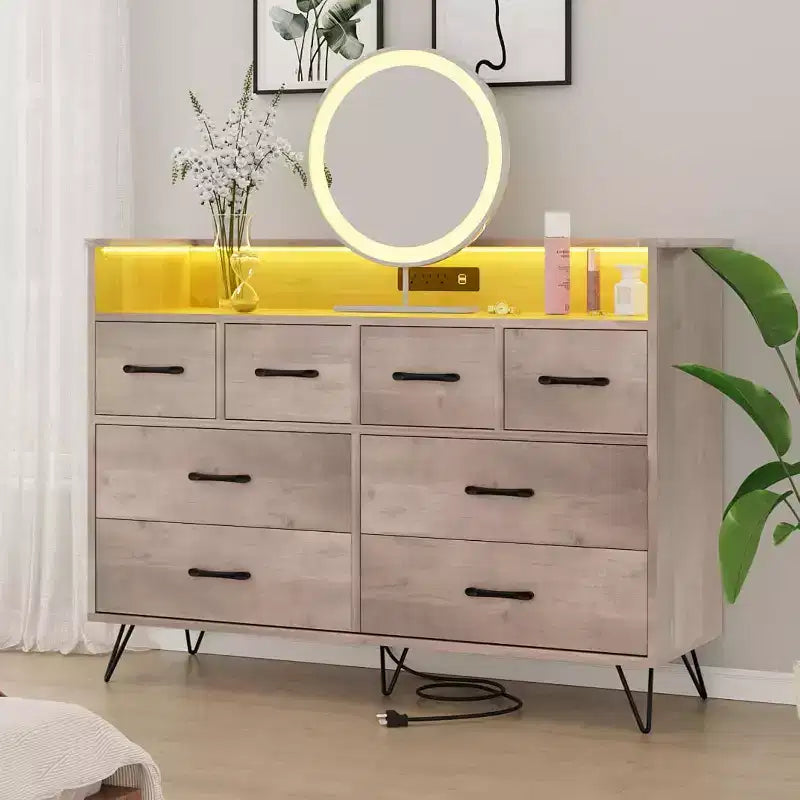 Mobile TV a comò, Comò per camera da letto con luci a LED e stazione di ricarica Centro di intrattenimento con contenitore, 8 cassetti, Comò in legno con spazio aperto