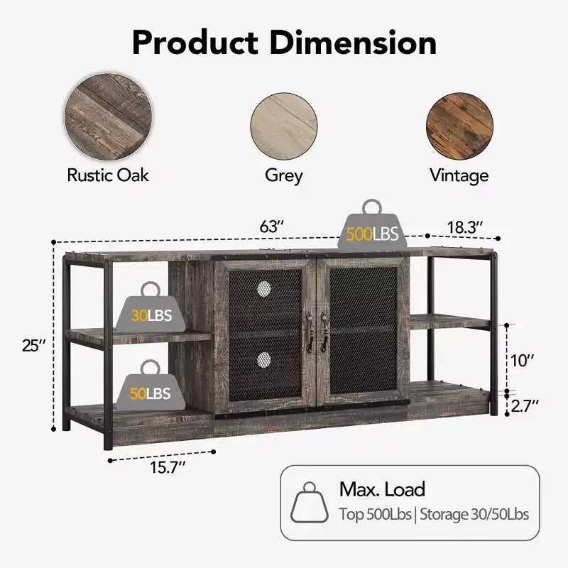 Farmhouse TV Stand for 65/75 Inch TVs, Entertainment Center with Storage Cabinet and Mesh Doors, Industrial Media Console Table, Oak