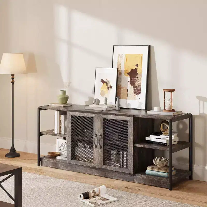 Farmhouse TV Stand for 65/75 Inch TVs, Entertainment Center with Storage Cabinet and Mesh Doors, Industrial Media Console Table, Oak