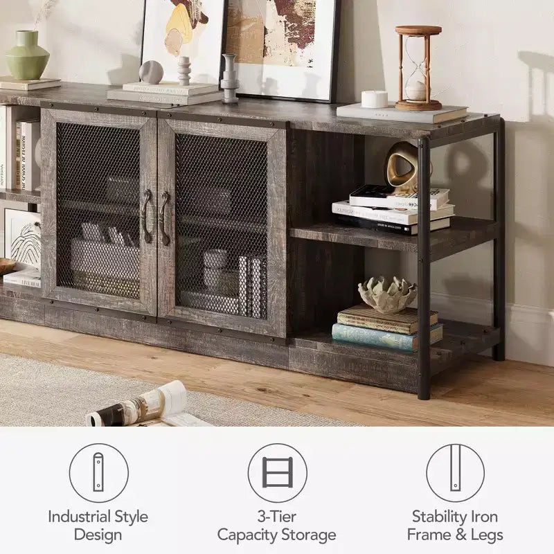 Farmhouse TV Stand for 65/75 Inch TVs, Entertainment Center with Storage Cabinet and Mesh Doors, Industrial Media Console Table, Oak