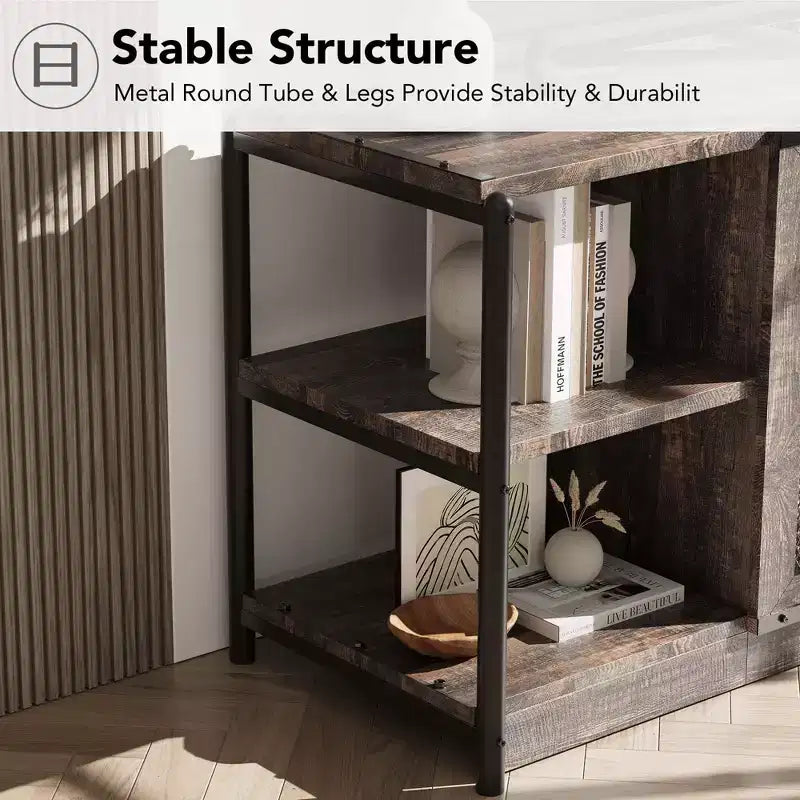 Farmhouse TV Stand for 65/75 Inch TVs, Entertainment Center with Storage Cabinet and Mesh Doors, Industrial Media Console Table, Oak