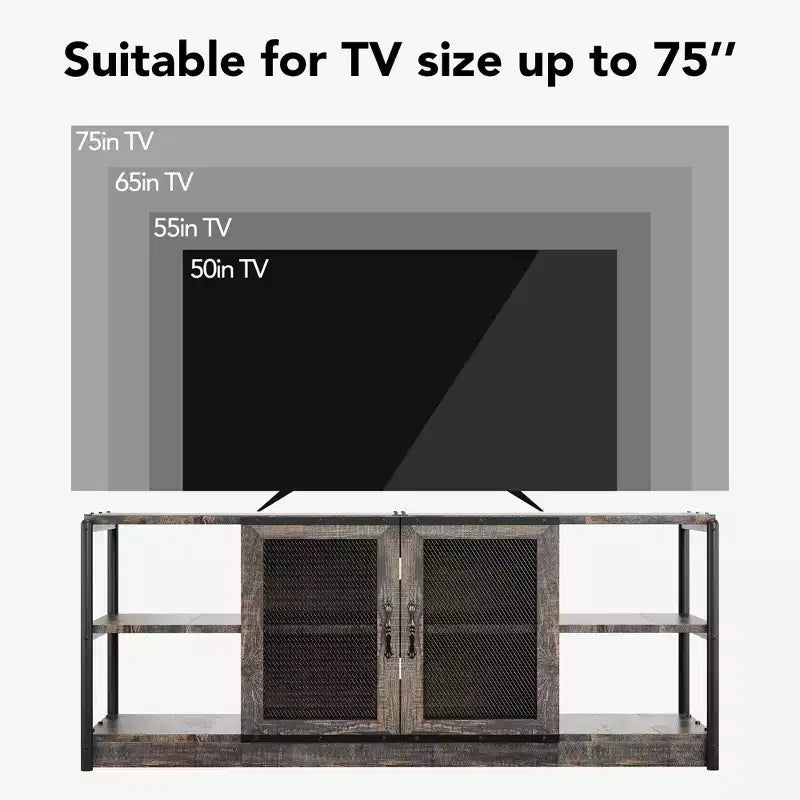 Farmhouse TV Stand for 65/75 Inch TVs, Entertainment Center with Storage Cabinet and Mesh Doors, Industrial Media Console Table, Oak