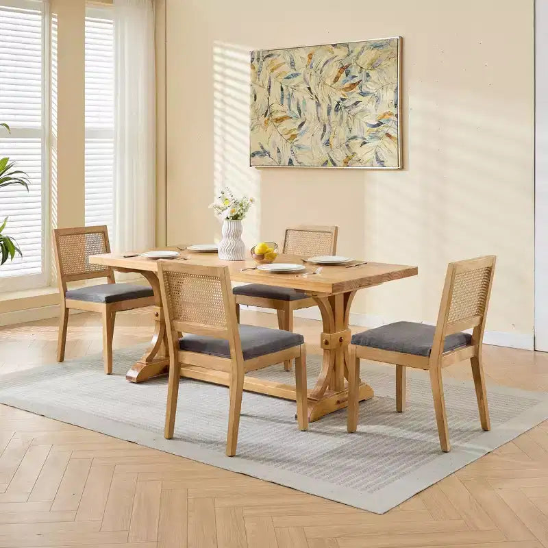 CLIHOME Set di 2 sedie da pranzo in rattan in stile rustico, sedie da cucina imbottite in canna con struttura in legno massello naturale