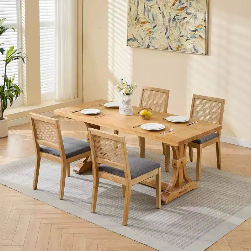 CLIHOME Set di 2 sedie da pranzo in rattan in stile rustico, sedie da cucina imbottite in canna con struttura in legno massello naturale