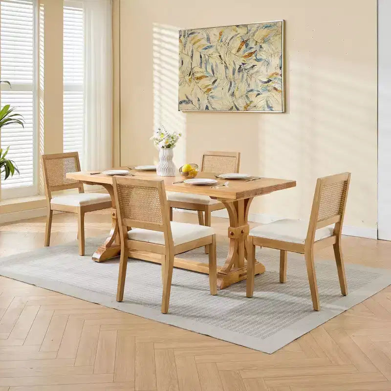 CLIHOME Set di 2 sedie da pranzo in rattan in stile rustico, sedie da cucina imbottite in canna con struttura in legno massello naturale