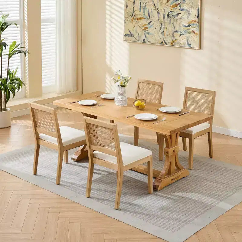 CLIHOME Set di 2 sedie da pranzo in rattan in stile rustico, sedie da cucina imbottite in canna con struttura in legno massello naturale