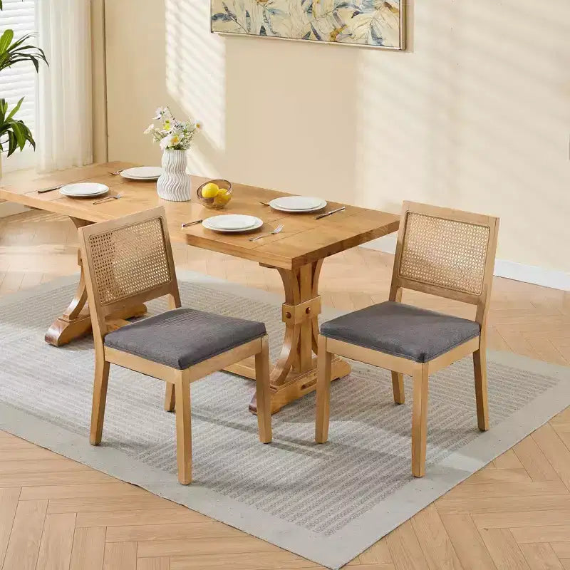 CLIHOME Set di 2 sedie da pranzo in rattan in stile rustico, sedie da cucina imbottite in canna con struttura in legno massello naturale
