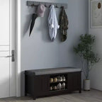 TUYOHW Entryway Shoe Bench Storage Ottoman with Sliding Doors, Adjustable Shelving with 6 Compartments and Padded Seat