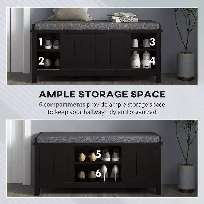 TUYOHW Entryway Shoe Bench Storage Ottoman with Sliding Doors, Adjustable Shelving with 6 Compartments and Padded Seat