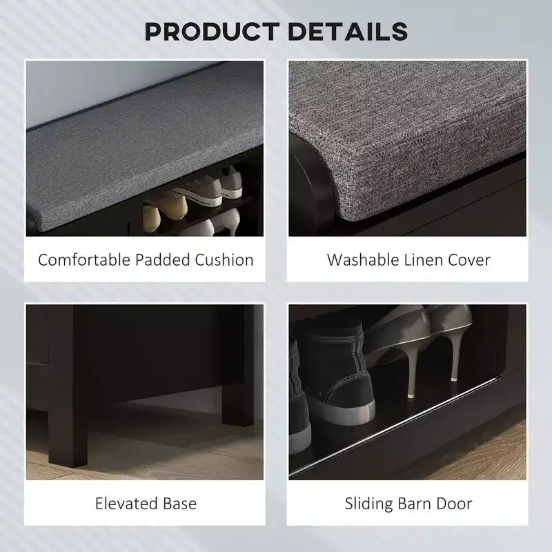 TUYOHW Entryway Shoe Bench Storage Ottoman with Sliding Doors, Adjustable Shelving with 6 Compartments and Padded Seat