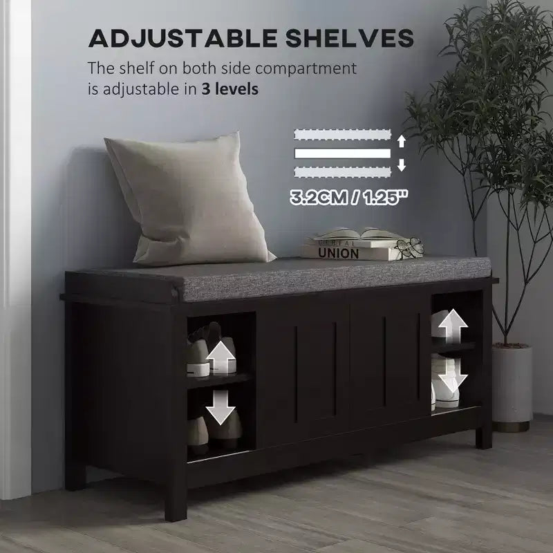 TUYOHW Entryway Shoe Bench Storage Ottoman with Sliding Doors, Adjustable Shelving with 6 Compartments and Padded Seat