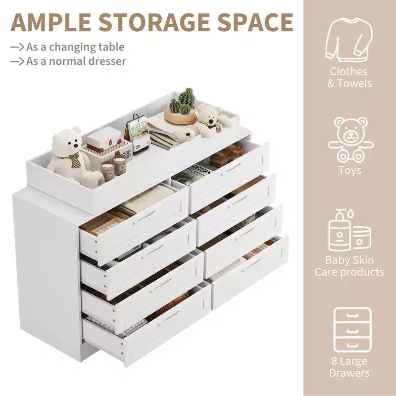 Comò fasciatoio con 8 cassetti in legno, comò classico per cameretta, mensole fasciatoio, fasciatoio multifunzionale, cassettiera per camera da letto