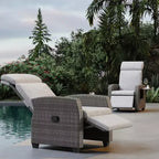 Indoor Outdoor Wicker Recliner Chair with Flip-Up Table Air Pump 155 Lay Flat, Adjustable Wicker Lounge Recliner Chair with Backrest and Footrest