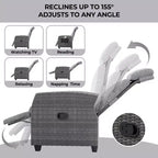 Indoor Outdoor Wicker Recliner Chair with Flip-Up Table Air Pump 155 Lay Flat, Adjustable Wicker Lounge Recliner Chair with Backrest and Footrest