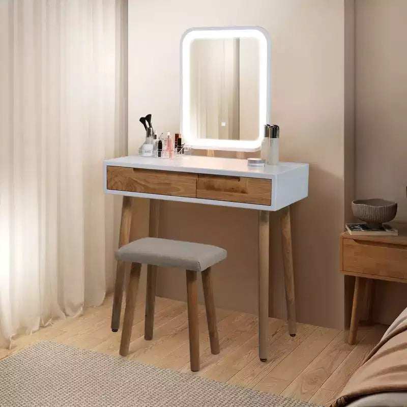 ELECWISH 31.5 Wood Vanity Desk Set with LED Mirror & Stool - 3-Way Lighting, 2 Drawers, Soft-Padded Seat