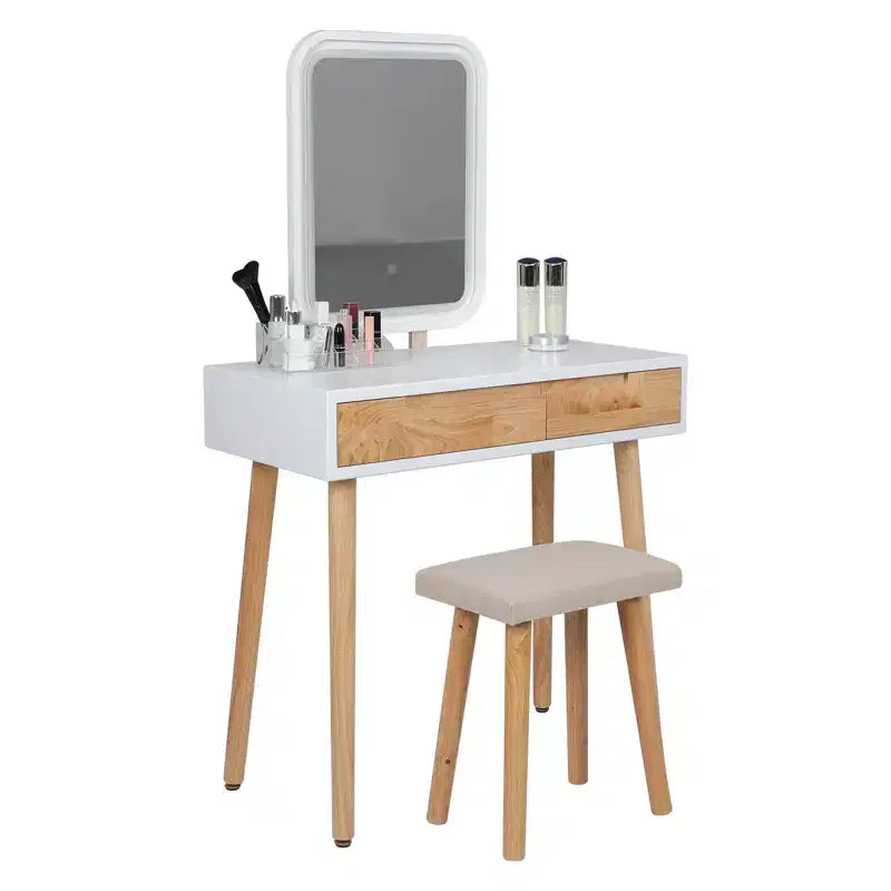 ELECWISH 31.5 Wood Vanity Desk Set with LED Mirror & Stool - 3-Way Lighting, 2 Drawers, Soft-Padded Seat