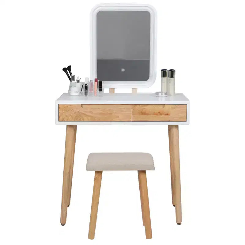 ELECWISH 31.5 Wood Vanity Desk Set with LED Mirror & Stool - 3-Way Lighting, 2 Drawers, Soft-Padded Seat