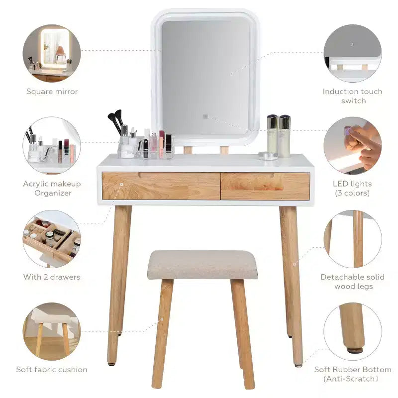 ELECWISH 31.5 Wood Vanity Desk Set with LED Mirror & Stool - 3-Way Lighting, 2 Drawers, Soft-Padded Seat