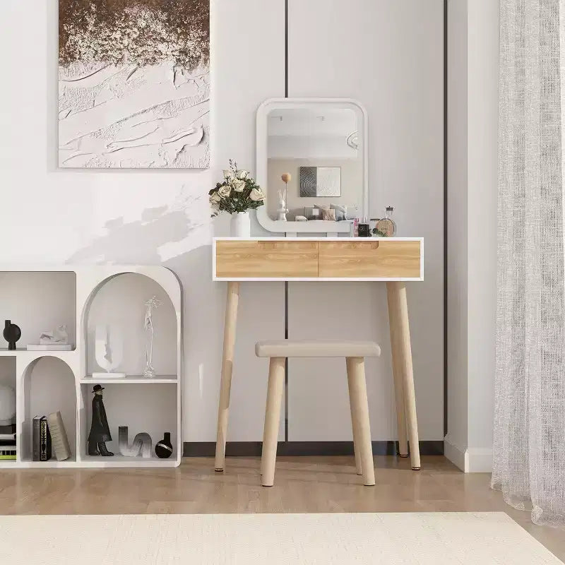 ELECWISH 31.5 Wood Vanity Desk Set with LED Mirror & Stool - 3-Way Lighting, 2 Drawers, Soft-Padded Seat