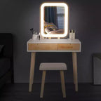 ELECWISH 31.5 Wood Vanity Desk Set with LED Mirror & Stool - 3-Way Lighting, 2 Drawers, Soft-Padded Seat