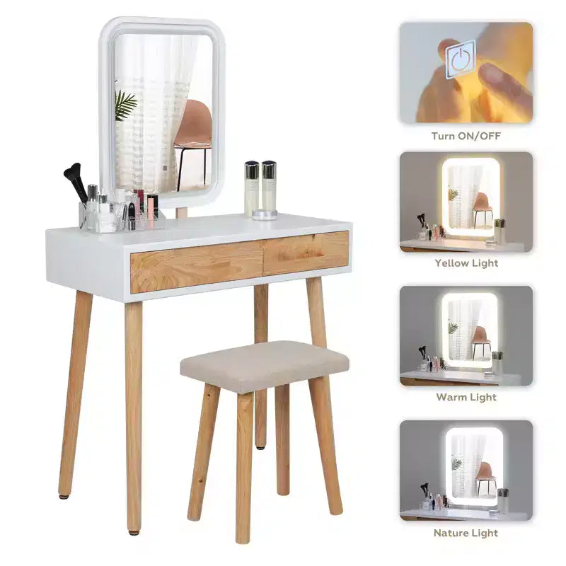 ELECWISH 31.5 Wood Vanity Desk Set with LED Mirror & Stool - 3-Way Lighting, 2 Drawers, Soft-Padded Seat