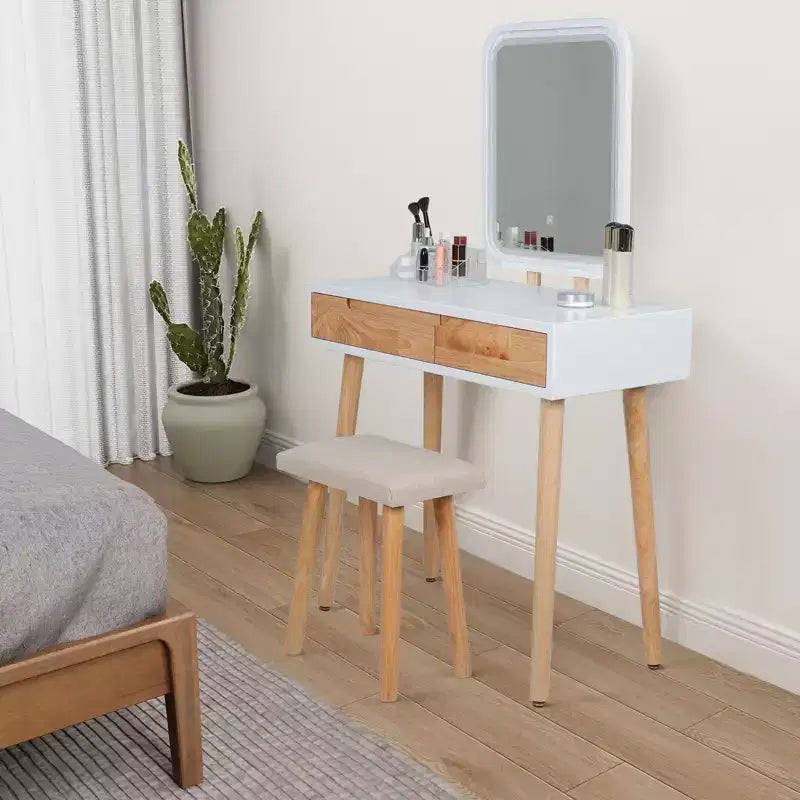 ELECWISH 31.5 Wood Vanity Desk Set with LED Mirror & Stool - 3-Way Lighting, 2 Drawers, Soft-Padded Seat