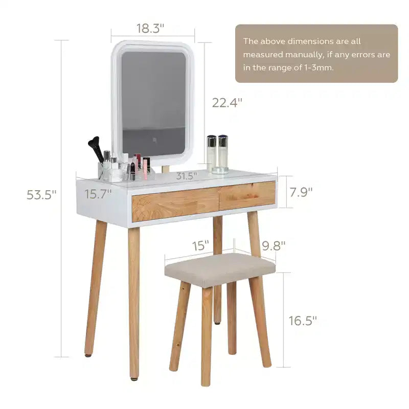 ELECWISH 31.5 Wood Vanity Desk Set with LED Mirror & Stool - 3-Way Lighting, 2 Drawers, Soft-Padded Seat