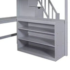Letto a soppalco Whisen full size con scrivania e ripiani a tre livelli, e scala con cassetti