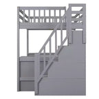 Letto a soppalco Whisen full size con scrivania e ripiani a tre livelli, e scala con cassetti