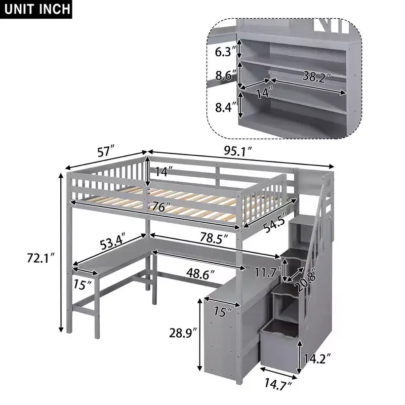 Letto a soppalco Whisen full size con scrivania e ripiani a tre livelli, e scala con cassetti