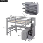 Letto a soppalco Whisen full size con scrivania e ripiani a tre livelli, e scala con cassetti
