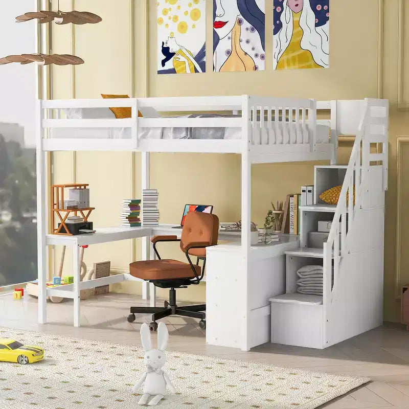 Letto a soppalco Whisen full size con scrivania e ripiani a tre livelli, e scala con cassetti