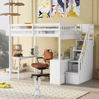 Letto a soppalco Whisen full size con scrivania e ripiani a tre livelli, e scala con cassetti