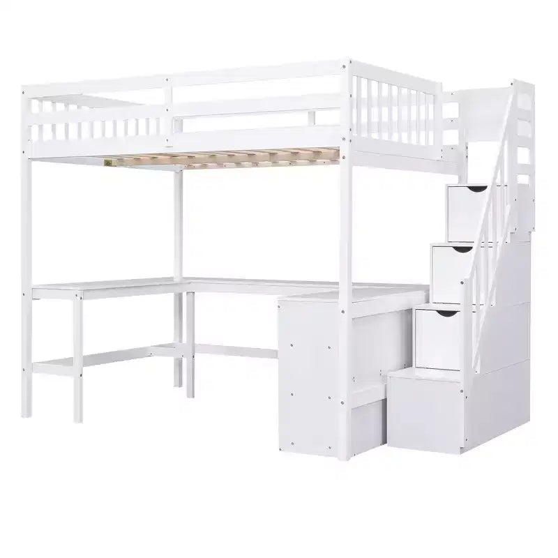 Letto a soppalco Whisen full size con scrivania e ripiani a tre livelli, e scala con cassetti