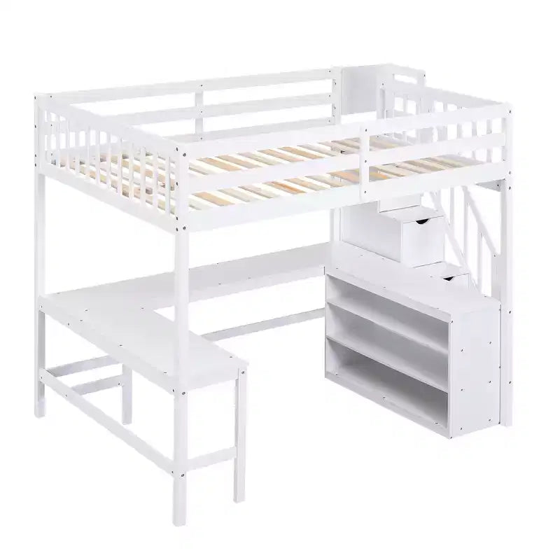 Letto a soppalco Whisen full size con scrivania e ripiani a tre livelli, e scala con cassetti