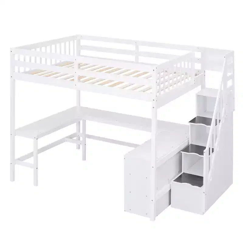 Letto a soppalco Whisen full size con scrivania e ripiani a tre livelli, e scala con cassetti