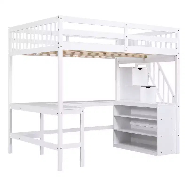 Letto a soppalco Whisen full size con scrivania e ripiani a tre livelli, e scala con cassetti