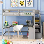 Letto a soppalco Whisen full size con scrivania e ripiani a tre livelli, e scala con cassetti