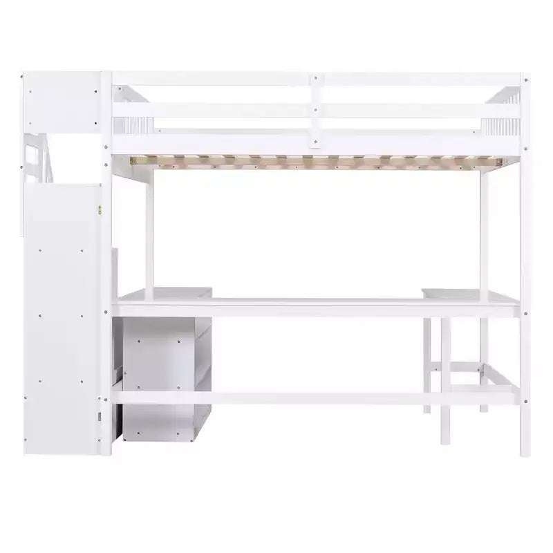 Letto a soppalco Whisen full size con scrivania e ripiani a tre livelli, e scala con cassetti
