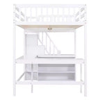 Letto a soppalco Whisen full size con scrivania e ripiani a tre livelli, e scala con cassetti