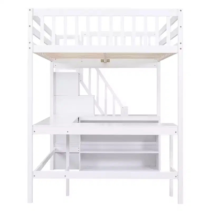 Letto a soppalco Whisen full size con scrivania e ripiani a tre livelli, e scala con cassetti