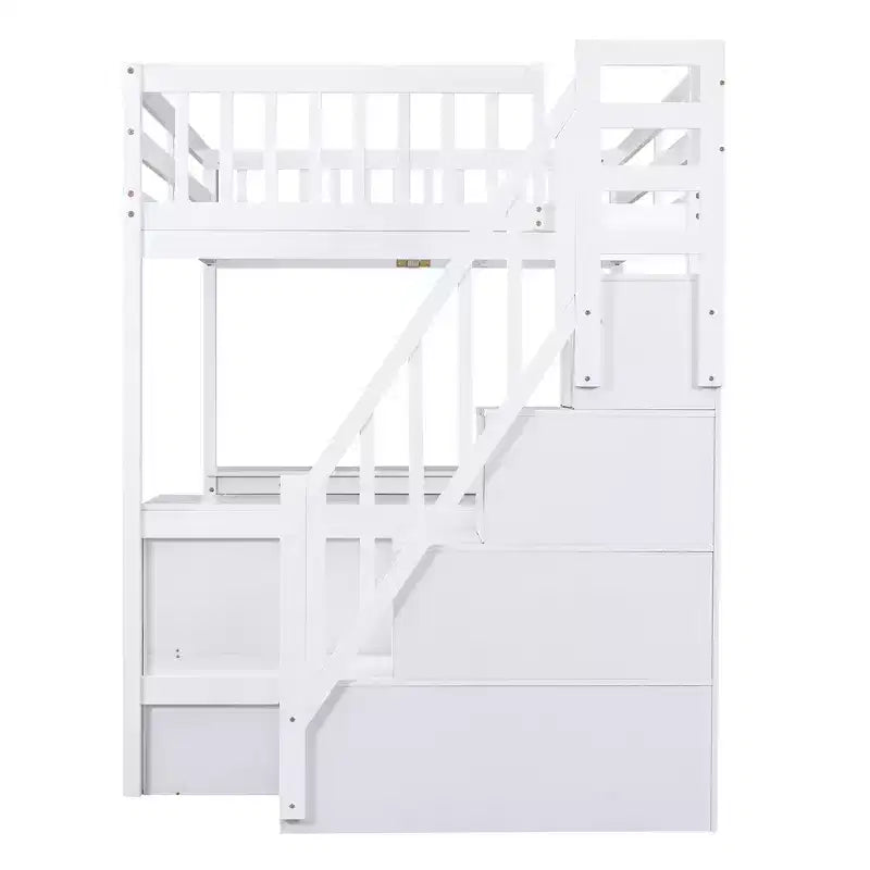 Letto a soppalco Whisen full size con scrivania e ripiani a tre livelli, e scala con cassetti