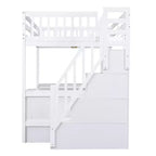 Letto a soppalco Whisen full size con scrivania e ripiani a tre livelli, e scala con cassetti