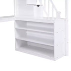 Letto a soppalco Whisen full size con scrivania e ripiani a tre livelli, e scala con cassetti