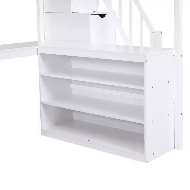 Letto a soppalco Whisen full size con scrivania e ripiani a tre livelli, e scala con cassetti