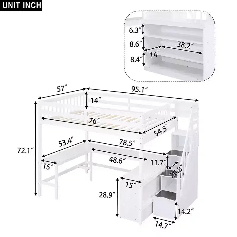 Letto a soppalco Whisen full size con scrivania e ripiani a tre livelli, e scala con cassetti