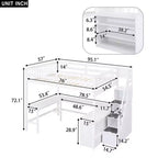 Letto a soppalco Whisen full size con scrivania e ripiani a tre livelli, e scala con cassetti